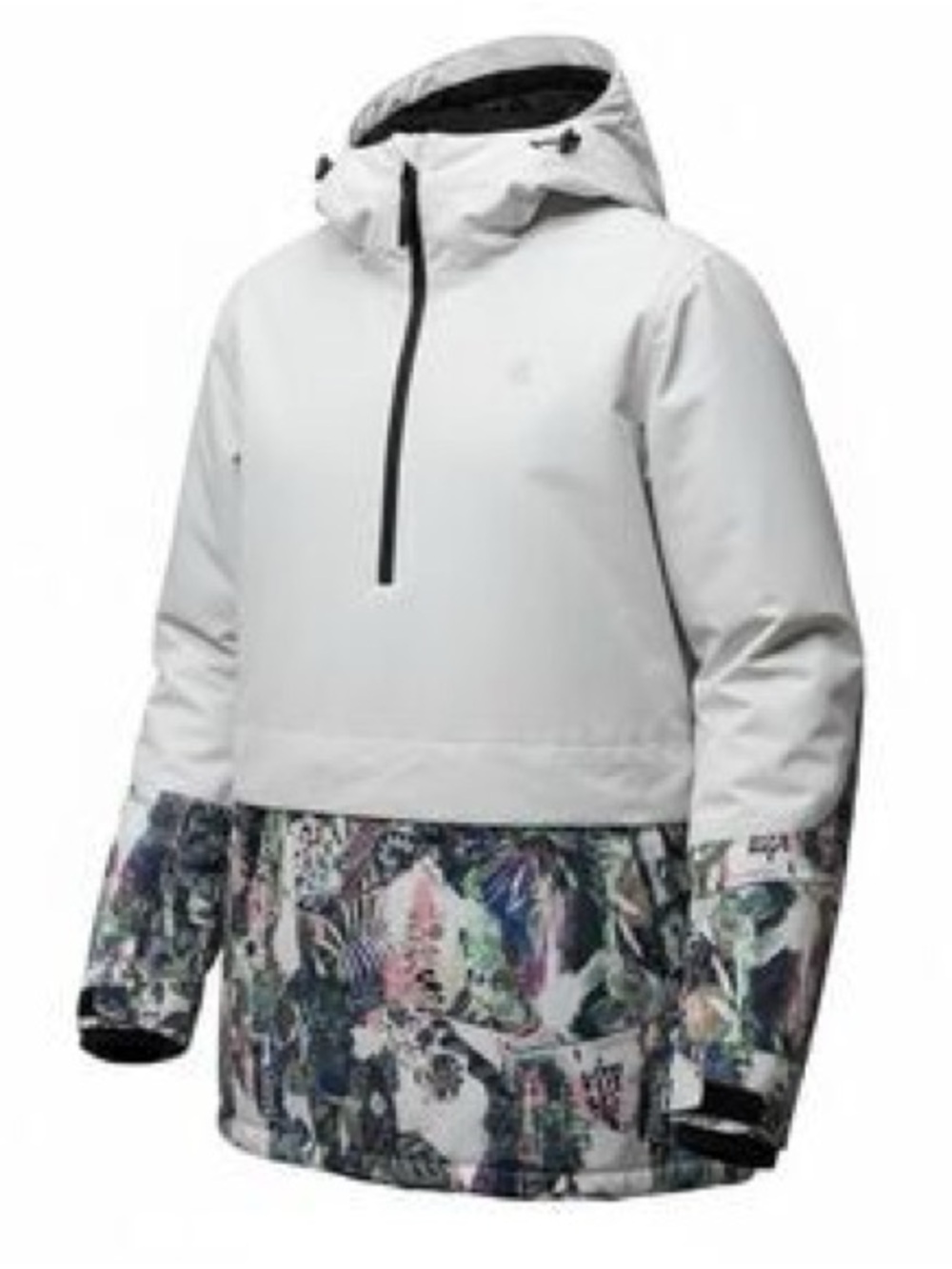 Liquid Lone Insulated Snowboard White Hooded Pullover Jacket with Printed Hem